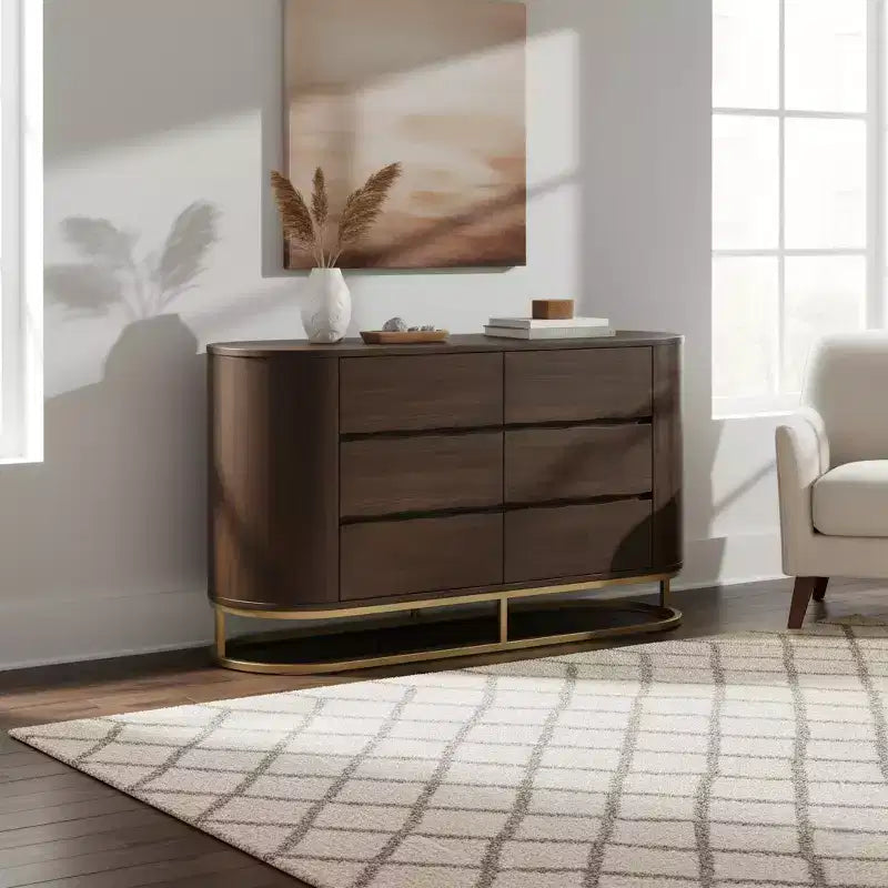 Moderne Kommode mit 6 Schubladen, Baumkanten-Design, Metallgestell und langlebiger Massivholzkonstruktion