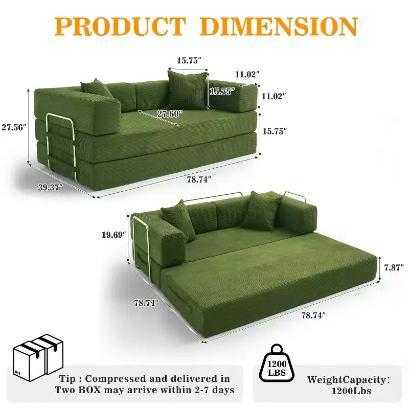 Dyonery 78 Klappsofabett, umwandelbare Kordsofa-Couch, King-Size-Bodenschläfer, 4-in-1 DIY-Kombination, modulares Sofabett, ausklappbares bequemes Sofa.
