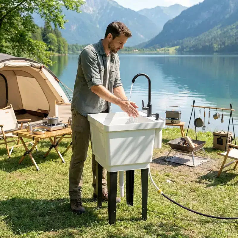 Tragbarer Spülbecken Waschtrog, Freistehendes Waschbecken mit Wasserhahn Seifenspender Schläuchen