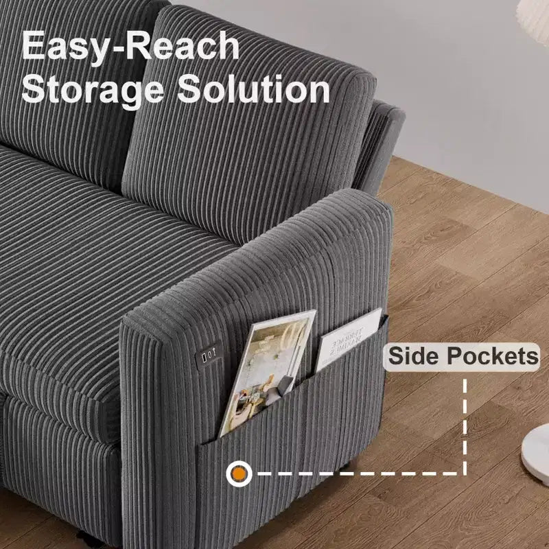 Dyonery 2-in-1 Schlafsofa ausziehbar mit Stauraum-Recamiere, Cord-Ecksofa mit USB-Anschlüssen für das Wohnzimmer