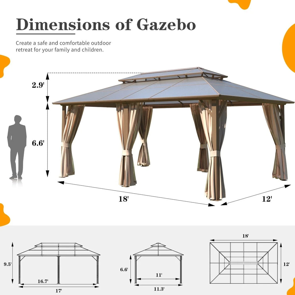 EROMMY Hardtop-Pavillon, Outdoor-Pergola mit Doppeldach & Netzen & Vorhängen, Hochleistungs-Canopy für Terrasse, Garten, Poolparty