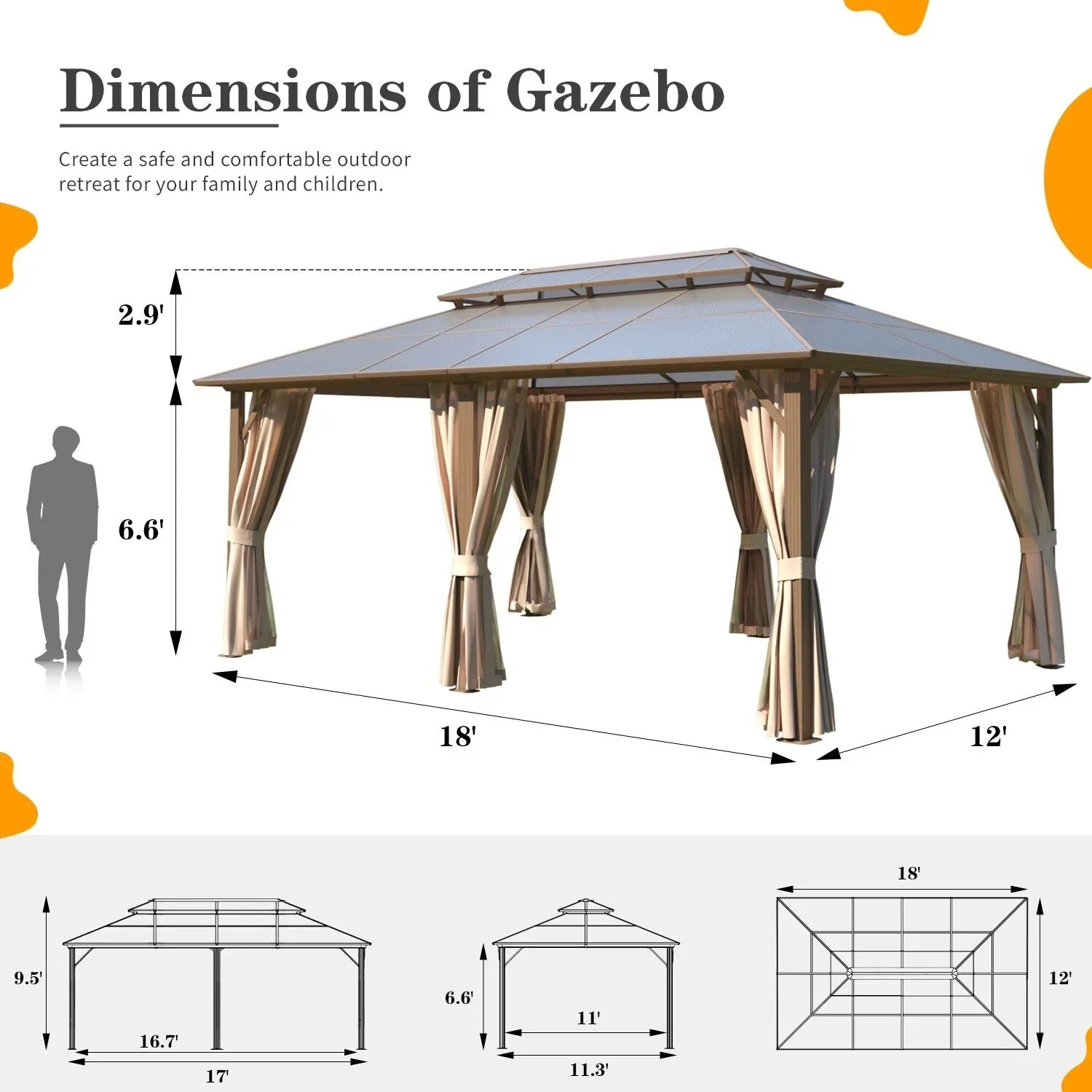EROMMY Hardtop-Pavillon, Outdoor-Pergola mit Doppeldach & Netzen & Vorhängen, Hochleistungs-Canopy für Terrasse, Garten, Poolparty