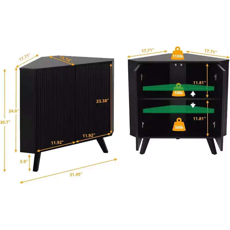 Eckschrank mit verstellbarem Regal, 3-stufiger Eckschrank aus Holz im Industriestil mit Türen, dreieckiger Beistelltisch für Wohnzimmer, Küche