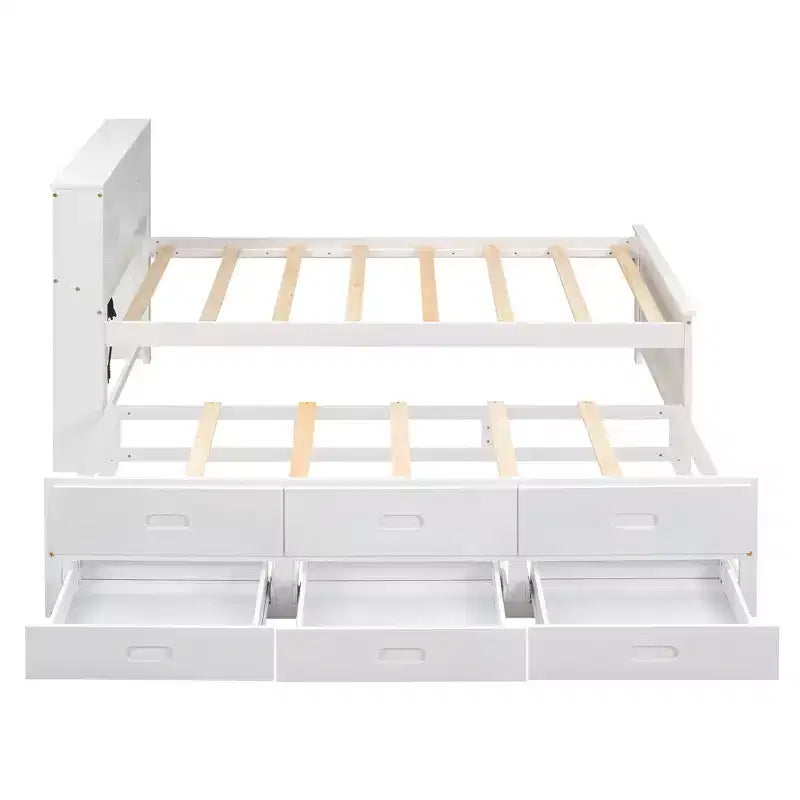 Plattformbett mit Rollbett und Schubladen, Stauraumbett mit USB-Anschluss, Holzbett mit Bücherregal