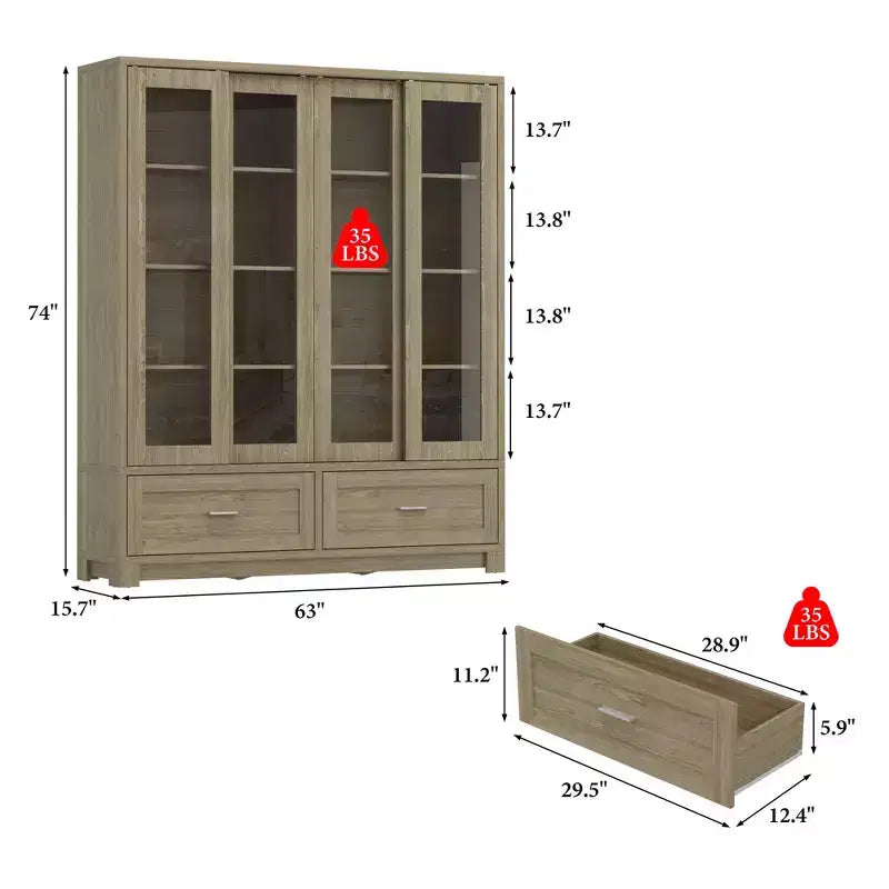 Famapy Vitrine aus heller Eiche: 63 cm breit, Schiebetüren aus Glas + Schubladen. Geräumiger Organizer für Heimbüchereien und Wohnzimmer