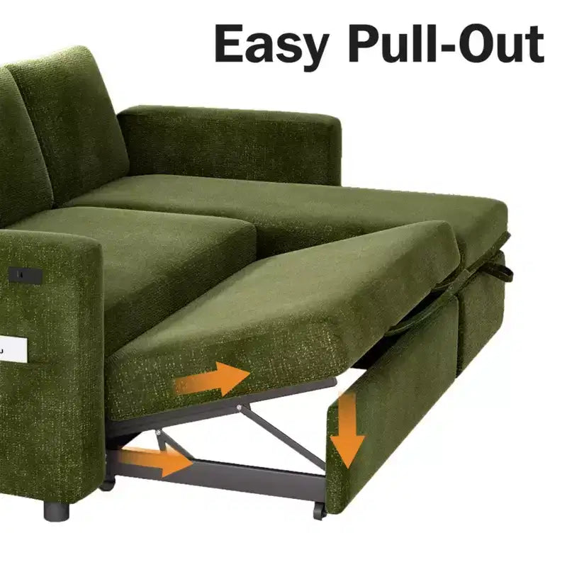 2-in-1 Schlafsofa zum Ausziehen mit Stauraum-Recamiere, Chenille-Ecksofa mit USB-Anschlüssen für das Wohnzimmer