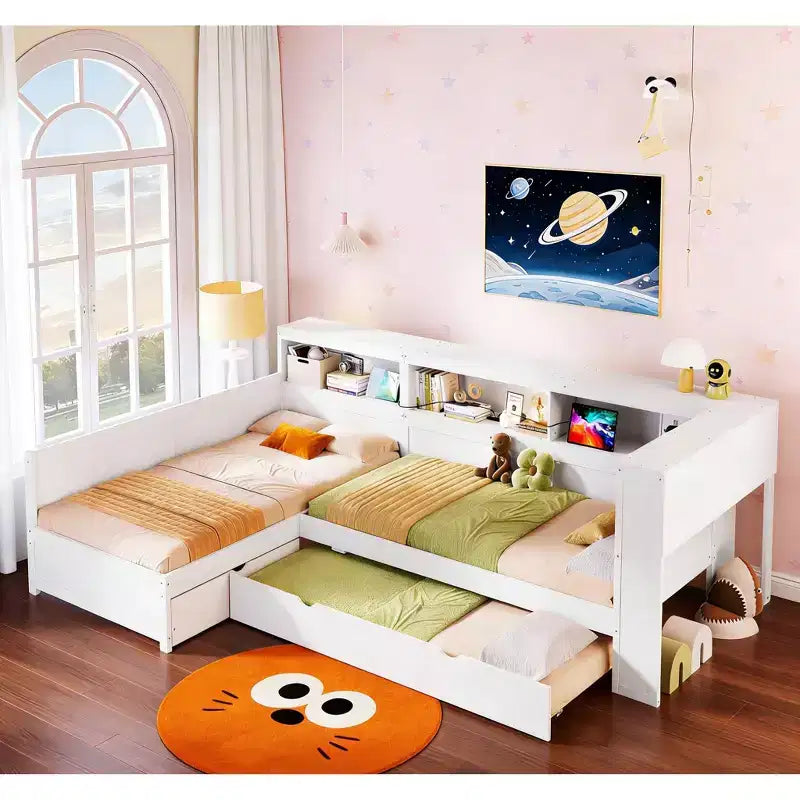 L-förmiges Plattformbett in Twin-Größe mit Rollbett und Ladestation, Holzbettgestell mit Bücherregal