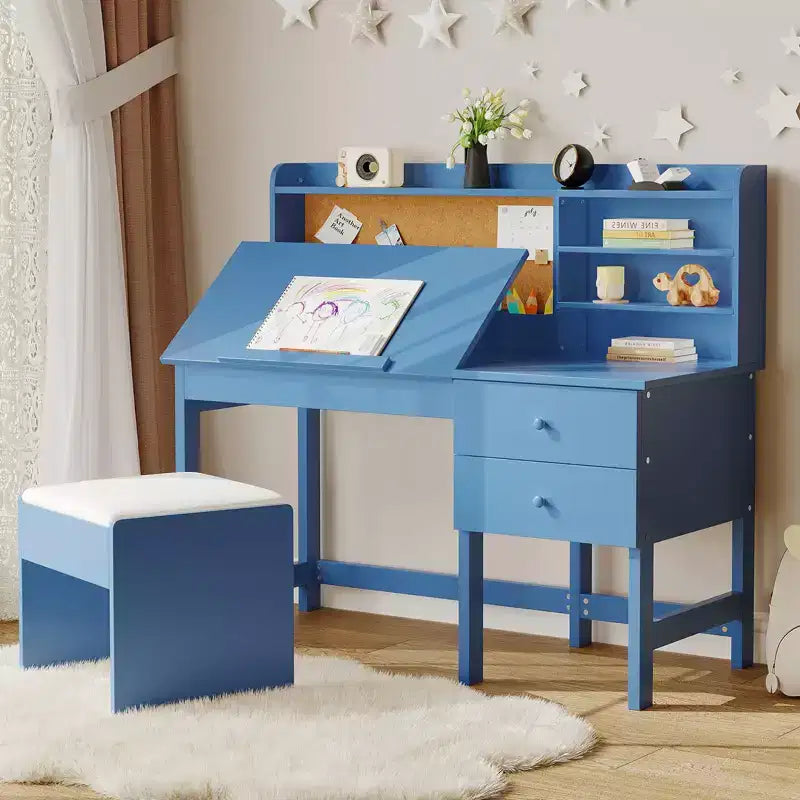 Kinder Schreibtisch und Stuhl Set, Holz Lerntisch mit verstellbarer Neigungsplatte, Schubladen & Korktafel - Schul-Lernschreibtisch Set für Kinder