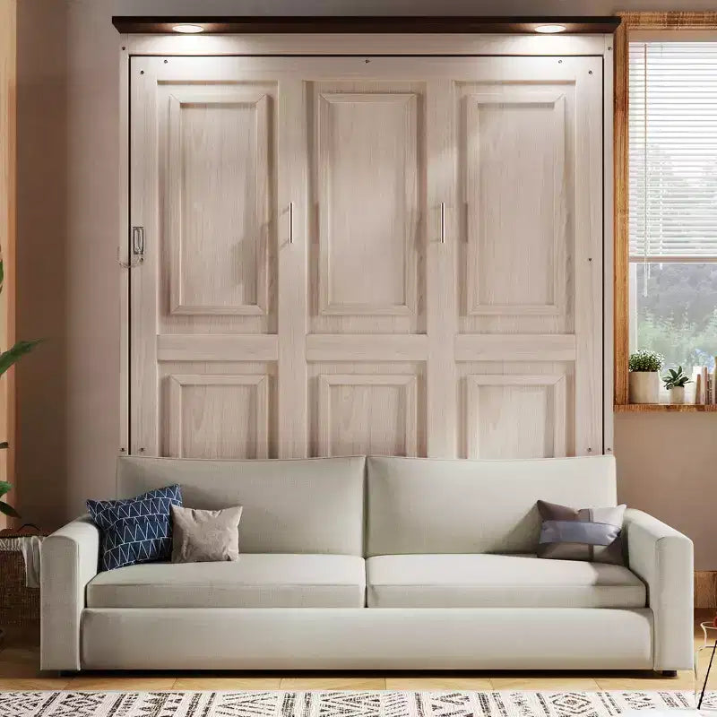 Murphy-Bett in Queen-Size mit Sofa, Queen-Schrankbett aus Holz mit LED-Beleuchtung, klappbares Truhenbett für Gästezimmer, Beige