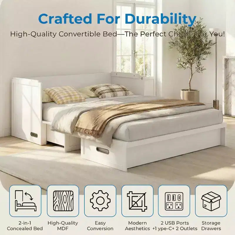 Mjkone Queen-Size-Schrankbett mit Matratze, USB-Ladeanschluss und Aufbewahrungsschubladen