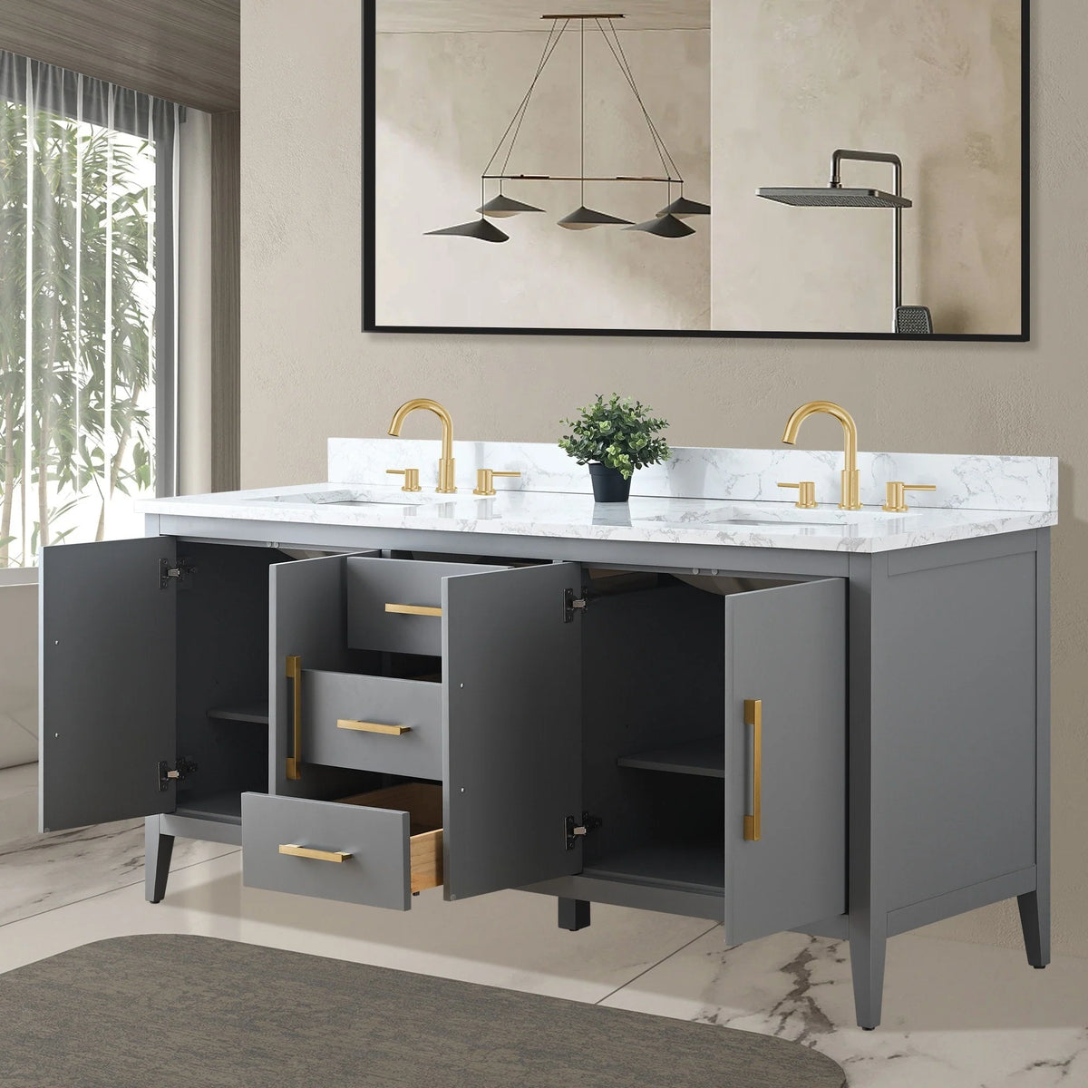 Vanity Art 72 Zoll Badezimmer-Waschtischunterschrank mit Doppelwaschbecken und Kunstmarmorplatte