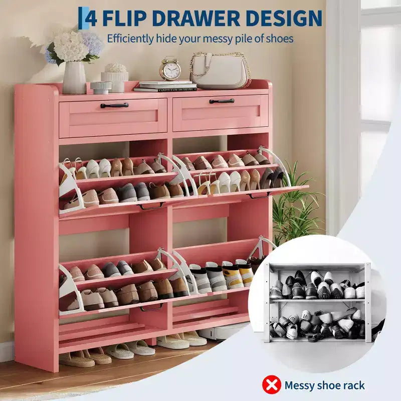 Schuhschrank mit 4 Klappfächern und 2 oberen Schubladen, Schuh-Organizer-Schrank aus Holz mit verstellbarem Regal, freistehende Schuhaufbewahrungsschränke