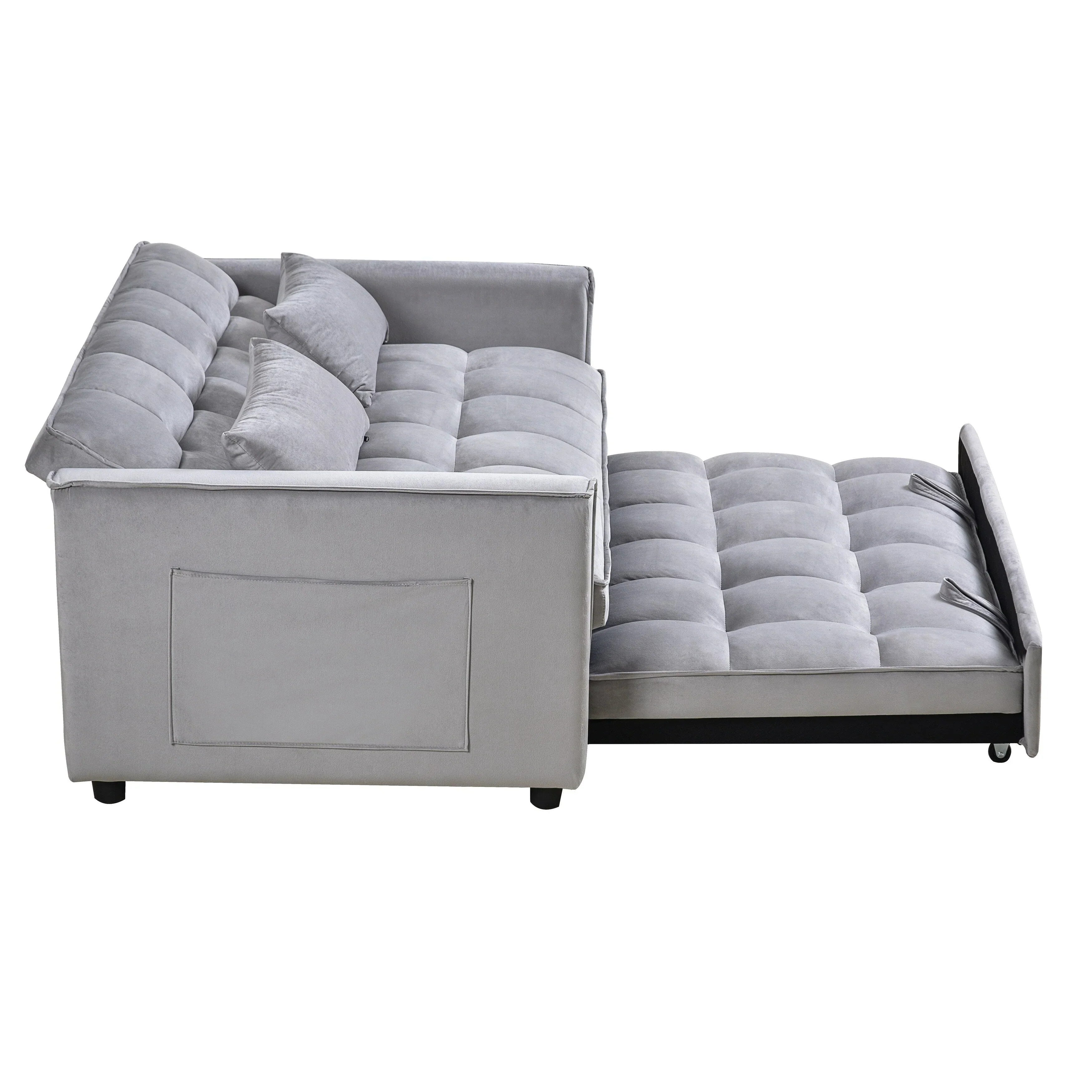 Modernes Schlafsofa zum Ausziehen, 3-in-1 Schlafsofa mit verstellbarer Rückenlehne, Samt-Zweisitzer, Kissen & Seitentaschen