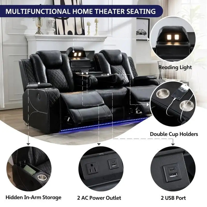 Elektrisches Relaxsofa mit kabellosem Ladegerät, Leselampe für das Wohnzimmer, Kunstleder-LED-Beleuchtung, AC/USB-Anschluss, Getränkehalter, Schwarz