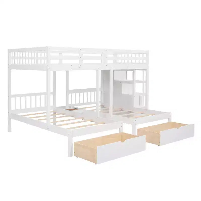 Whisen Etagenbett mit Doppelbett oben und zwei Einzelbetten unten, dreifaches Etagenbett aus Holz mit Schubladen und Schutzgittern