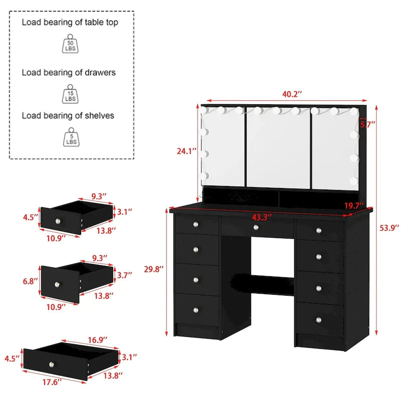Luxuriöser LED-Schminktisch mit 9 Schubladen Elegante Schminkstation