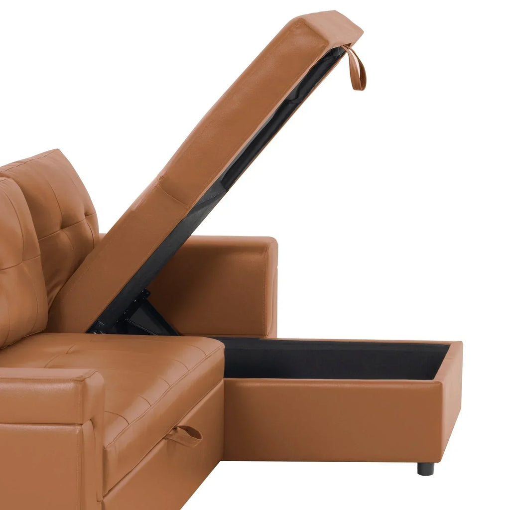 Verwandelbares, umbaubares Ecksofa mit ausziehbarem Schlafsofa, versteckter Aufbewahrung in der Récamiere und robusten Beinen