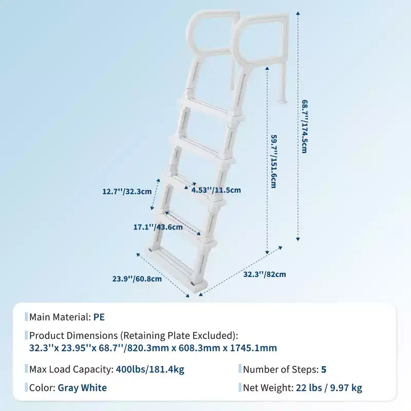Hochrobuste 5-Stufen-Schwimmbadleiter mit doppelten Handläufen Rutschfeste, stabile PE-Stufen 180 kg Tragfähigkeit Passend für 122-137 cm tiefe Einbau- und Aufstellpools