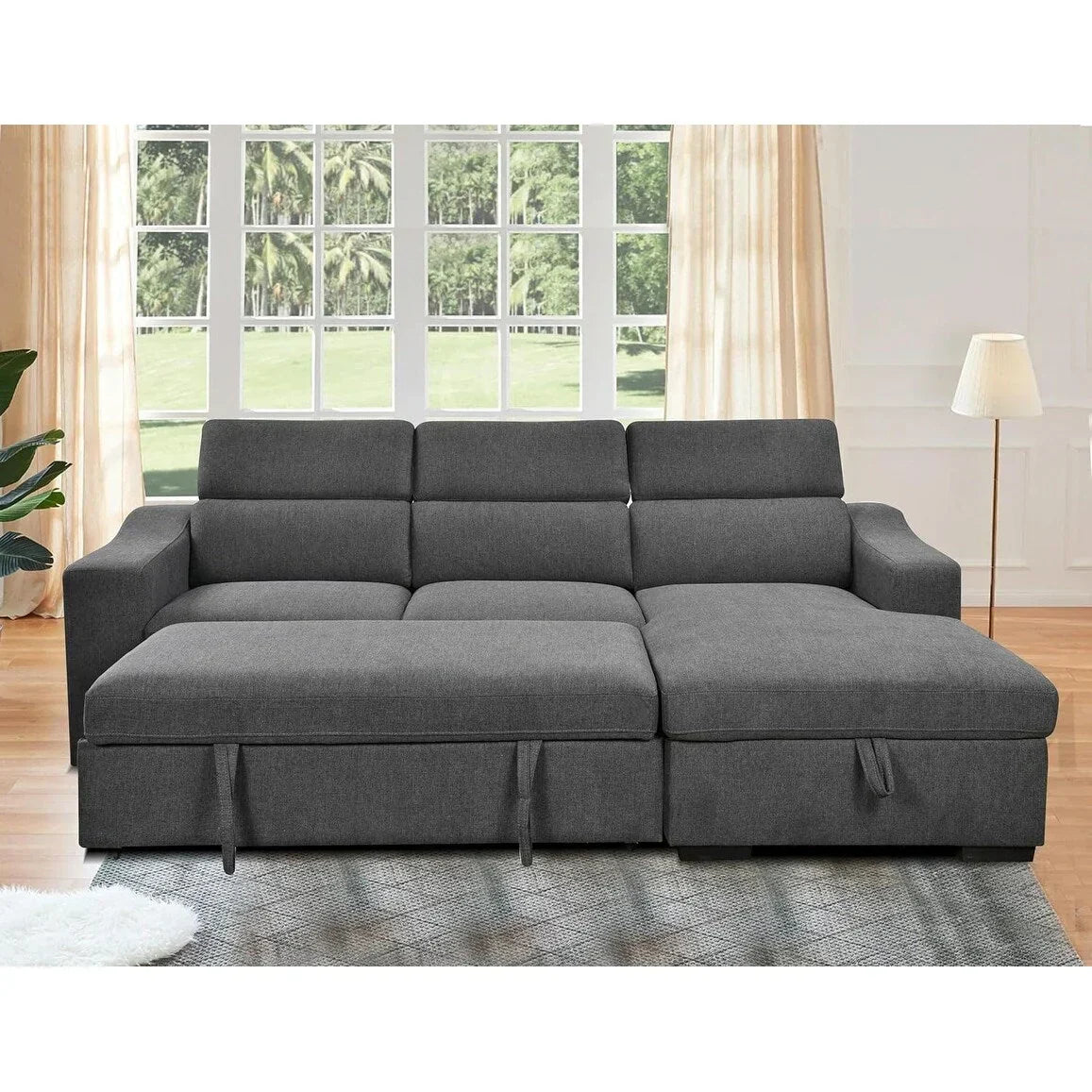 Roomfitters 103 Cabrio-Ecksofa mit Stauraum-Recamiere, verstellbaren Kopfstützen, L-förmigem Schlafsofa, Dunkelgrau