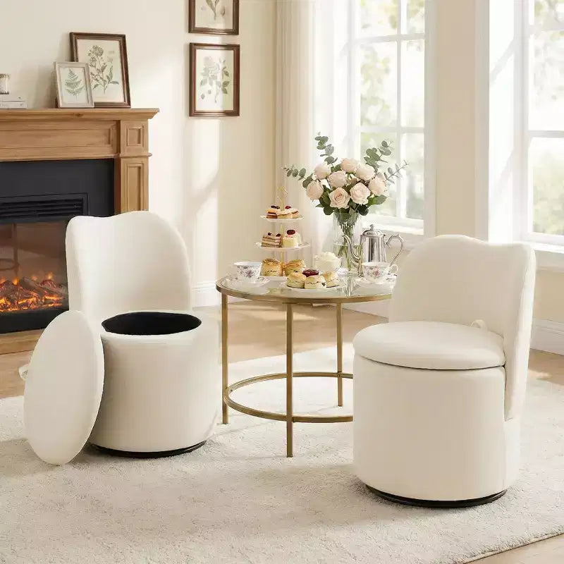 Drehbarer Schminkstuhl mit Stauraum, gepolsterter runder Make-up-Hocker mit Rückenlehne, weich gepolsterter Fass-Akzent-Sessel für Schlafzimmer und Wohnzimmer