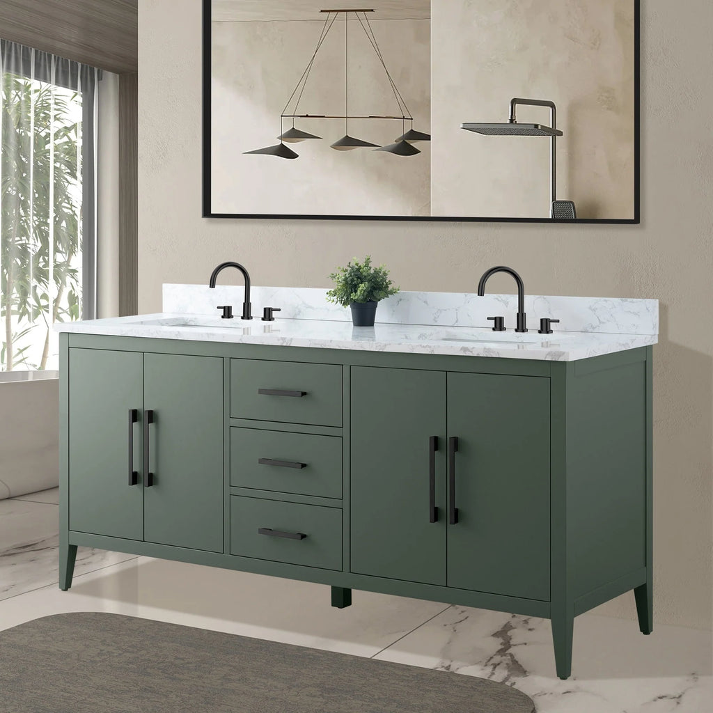 Vanity Art 72 Zoll Badezimmer-Waschtischunterschrank mit Doppelwaschbecken und Kunstmarmorplatte