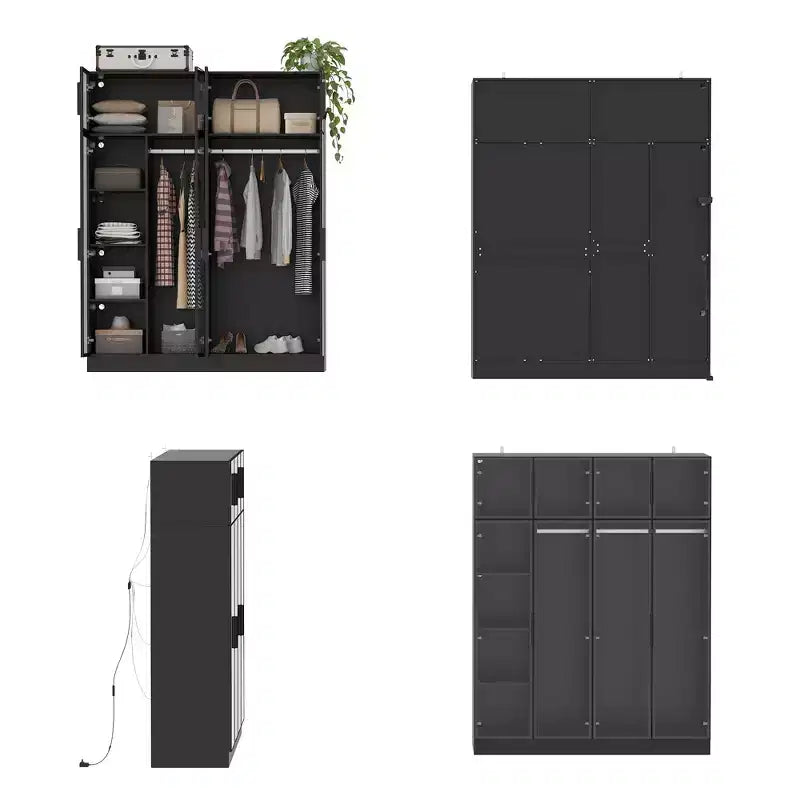 Hitow Pure Black Luxus-Kleiderschrank mit Türen aus gehärtetem Glas, 3-Farben-LED-Beleuchtung, vom Boden bis zur Decke reichender Schlafzimmerschrank-Organizer, Ankleidezimmerschrank
