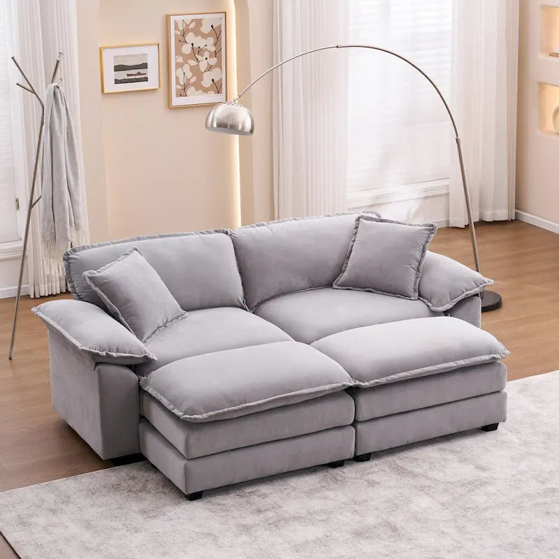 2-Sitzer-Sofa mit 2 Kissen, 2 Polstern und 2 Hockern, bequemes Sofa – Tiefes Wohnzimmersofa, Modulsofa