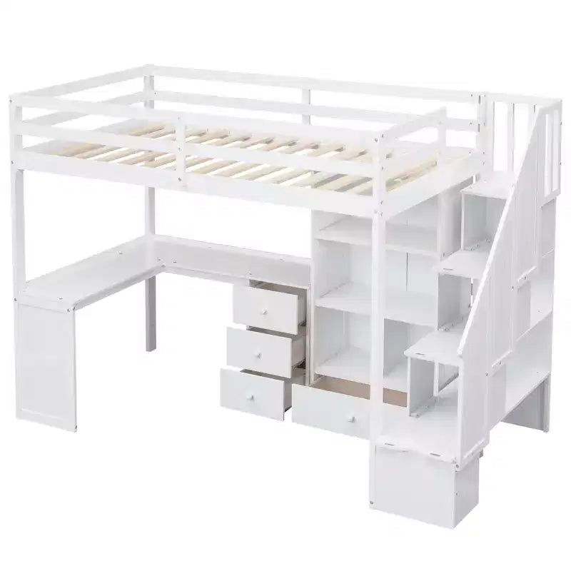 Hochbett in Twin-Größe mit L-förmigem Schreibtisch, 3 Schubladen, Schrank, Treppenstauraum, aus massivem Kiefernholz/MDF gefertigt