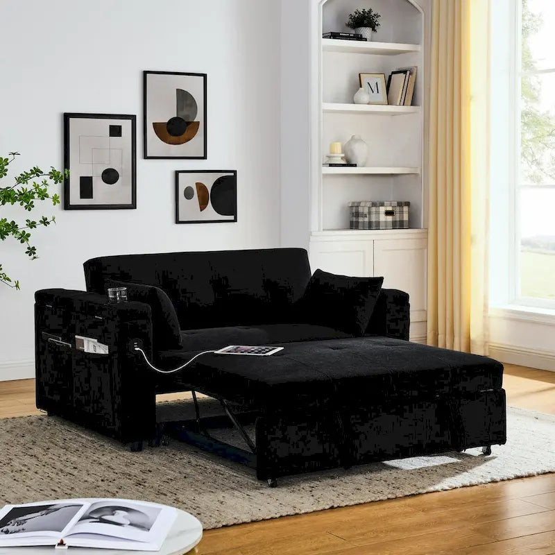 54 Schlafsofa zum Ausziehen, 2-Sitzer-Schlafsofa mit Stauraum, Lendenkissen, USB-Steckdose