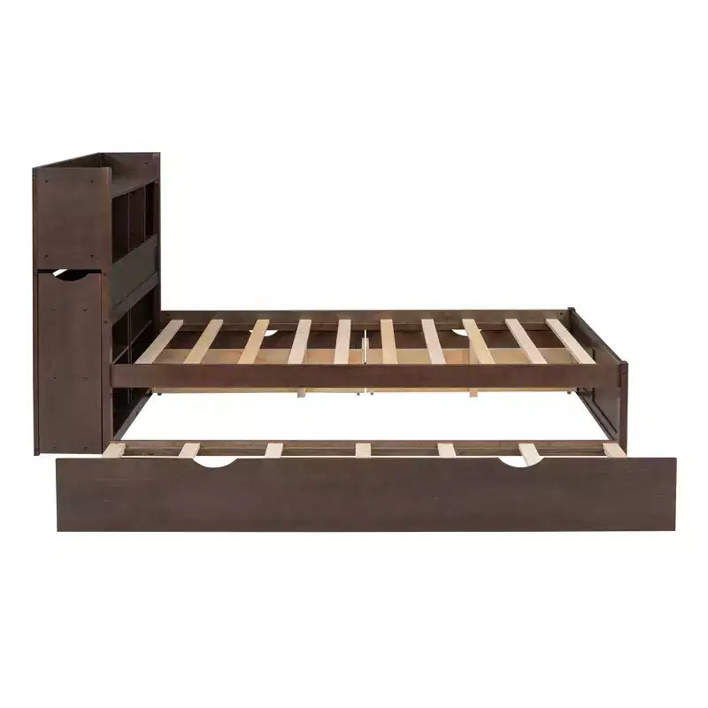 Plattformbett in voller Größe mit Stauraum, Ausziehbett, Kopfteil mit Bücherregal und Ladestation, Bettgestell aus Holz in voller Größe mit Regalen und Schubladen