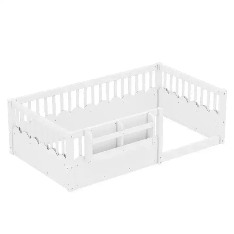 Bellemave Kinder-Bodenbett mit erhöhtem Zaun und Bücherregal, hölzernes Montessori-Bettgestell in Twin-Größe für Mädchen und Jungen
