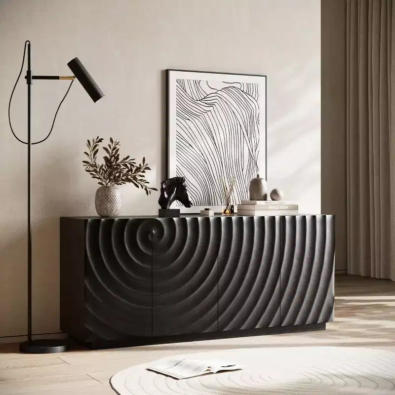 59 Modernes Spiral-Sideboard-Buffetschrank, flaches Kunst-Eingangs-Aufbewahrungsschrank mit 3D-Riffeltextur-Türen