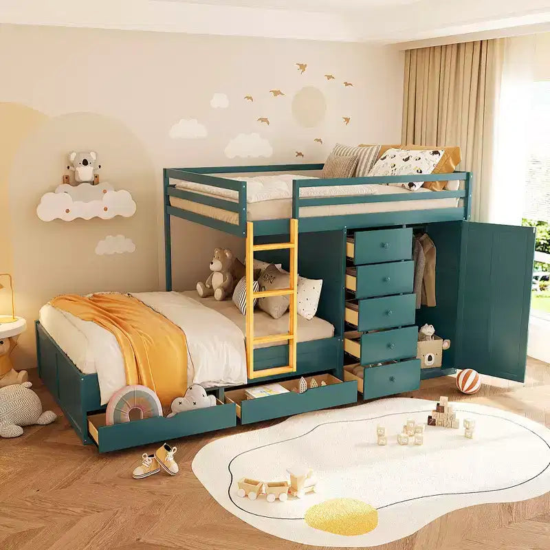 Etagenbett „Full-over-Full“ mit Kleiderschrank und Schubladen, platzsparendes Etagenbett aus Holz in voller Größe mit Rausfallschutz für Apartment, Schlafzimmer