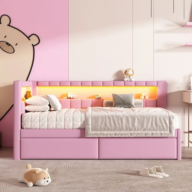 Gepolstertes Plattformbett mit USB-Anschlüssen & LED-Beleuchtung – Einzel-/Doppelbettgestell mit 2 Schubladen – Modernes Schlafzimmer