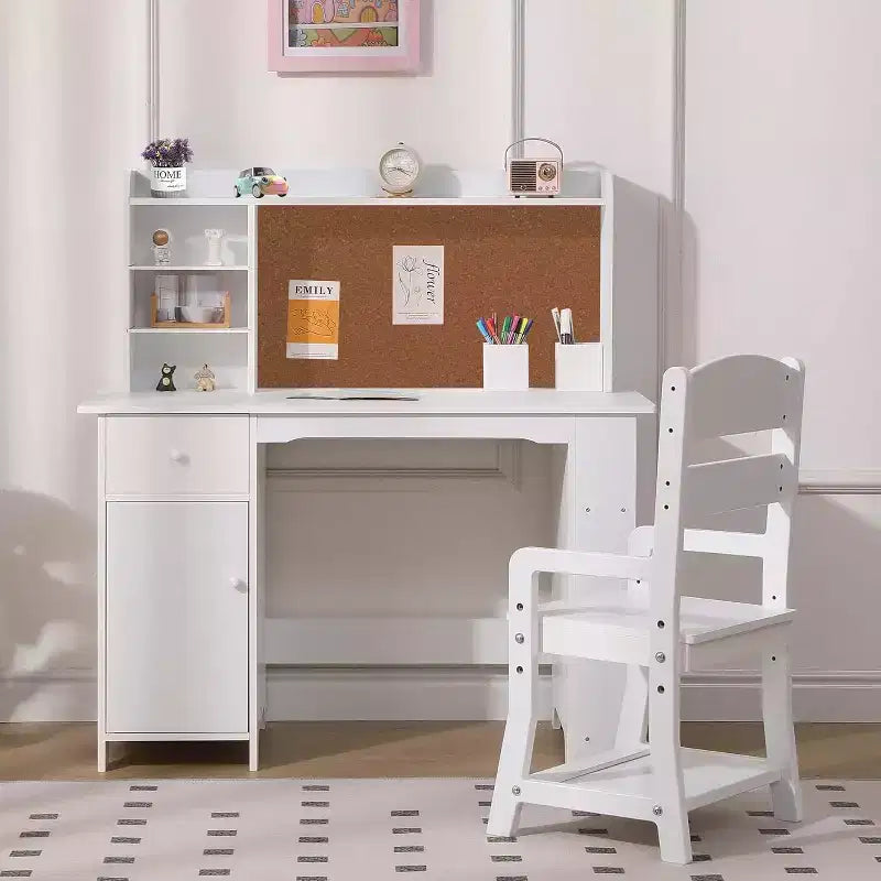 Kinderschreibtisch, Schreibtisch- und Stuhlset für Jungen und Mädchen, Holzkinder-Schreibtisch mit Bücherregal, Pinnwand, Schrank und Schublade für Kinder von 3-8 Jahren
