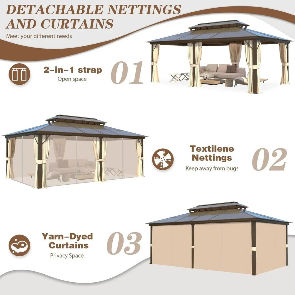 EROMMY Hardtop-Pavillon, Outdoor-Pergola mit Doppeldach & Netzen & Vorhängen, Hochleistungs-Canopy für Terrasse, Garten, Poolparty