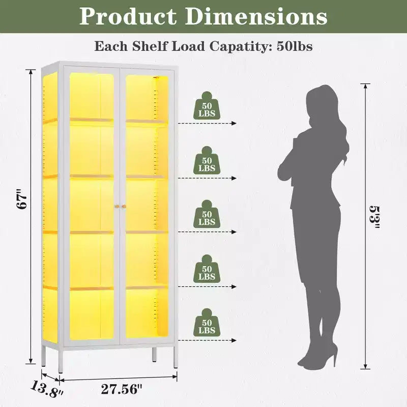 Bekrvio 67H Vitrine mit 3-seitigem Glas und LED-Beleuchtung, 5-Lagen-Aufbewahrung mit Doppeltüren und Metallrahmen für Sammlerstücke, ideal für kleine Räume