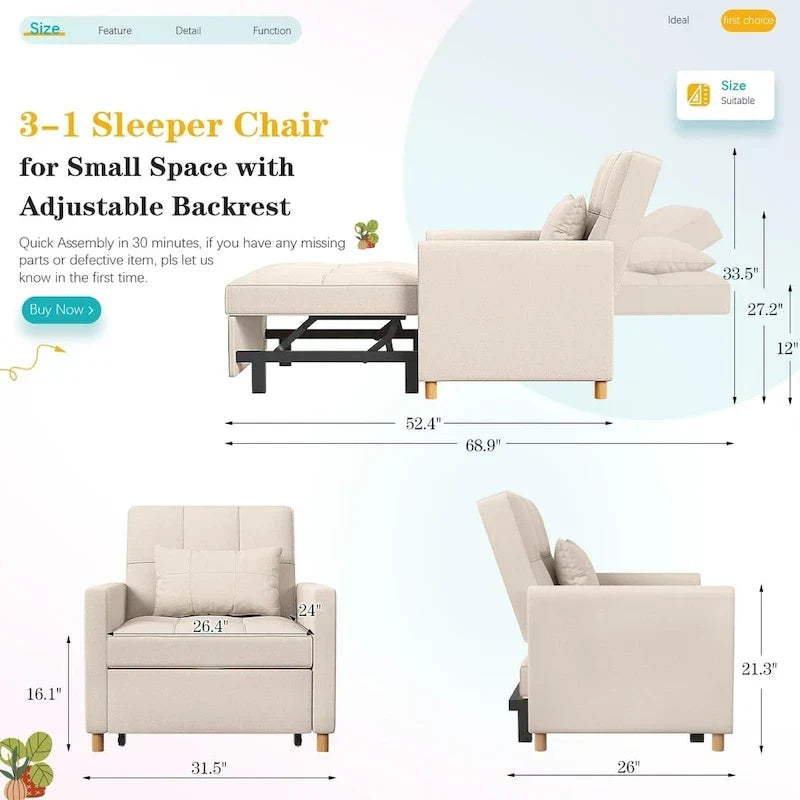 AECOJOY 3-in-1 Schlafsofasessel mit Kissen und verstellbarer Rückenlehne