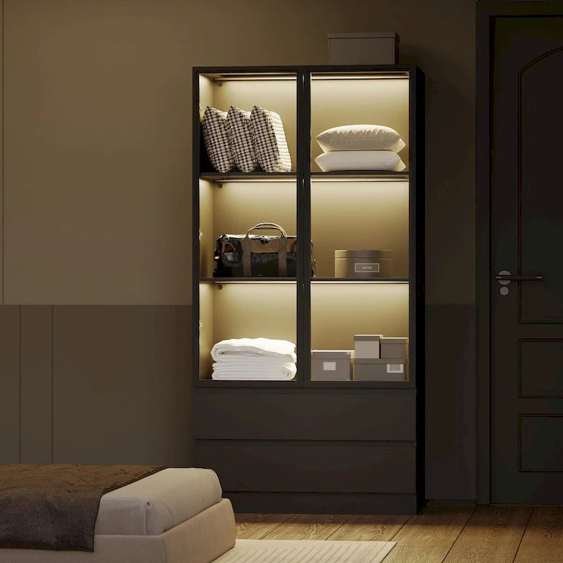Vitrinenschrank, Vitrine mit Hartglastüren, Schaukasten mit 4 Ablagefächern