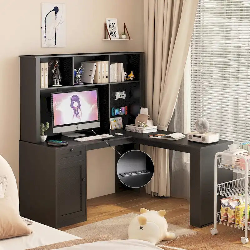 L-förmiger Schreibtisch mit Steckdose, Computertisch mit Schubladen, Regal & Aufsatz, Moderner Eckschreibtisch, Home-Office-Schreibtisch