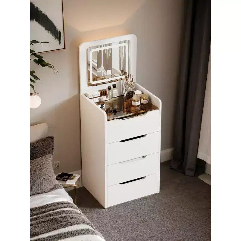 Okak 3-in-1 Schminktisch mit Klappspiegel, kompakter Waschtisch mit sichtbarer Glasplatte und gepolstertem Hocker, Schminktisch für das Schlafzimmer