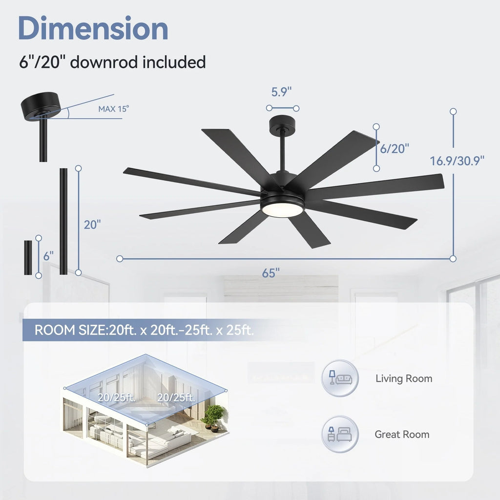 65-Zoll-LED-Deckenventilator mit 8 Flügeln, Licht und Fernbedienung, Schwarz