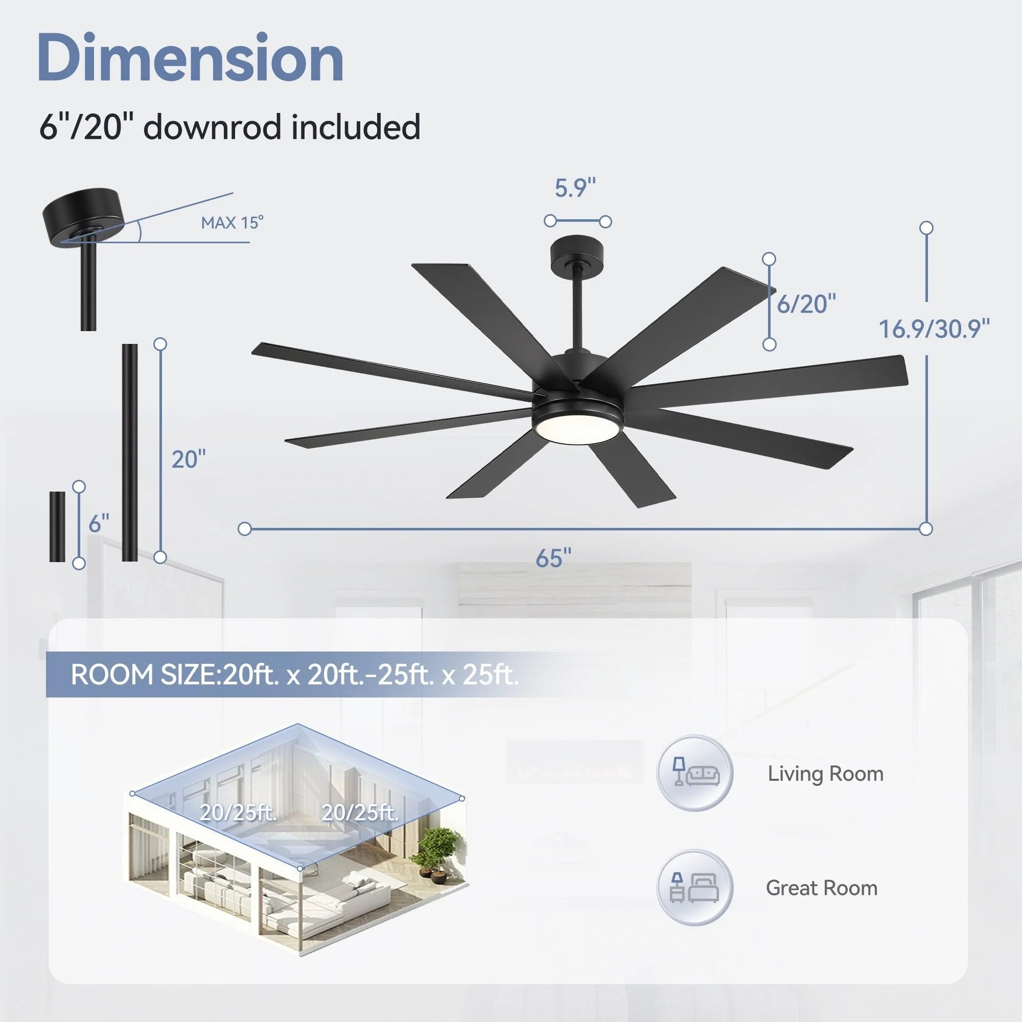 65-Zoll-LED-Deckenventilator mit 8 Flügeln, Licht und Fernbedienung, Schwarz