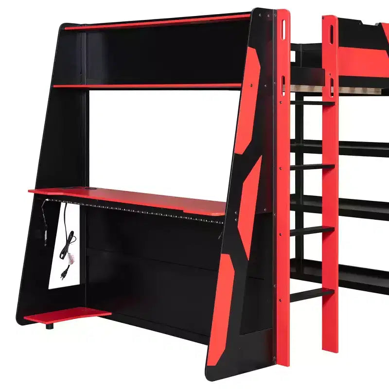 Luxystar Gaming-Hochbett mit Schreibtisch, Ablageregalen und Beleuchtung