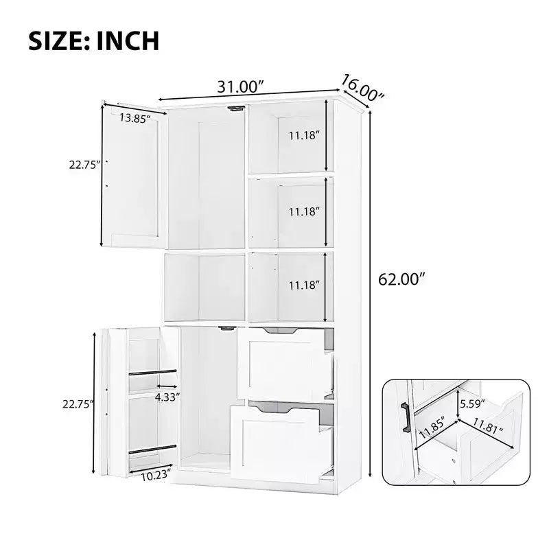 62 Zoll hoher Badezimmerschrank, freistehender Hochschrank mit Schublade & verstellbarem Regal, Vorratsschrank für Bad und Wohnzimmer