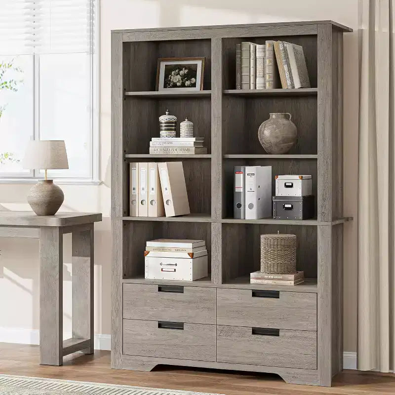 72" hohes Bücherregal mit 4 Schubladen, freistehendes Bauernhaus-Regal für Schlafzimmer, Wohnzimmer, Heimbüro