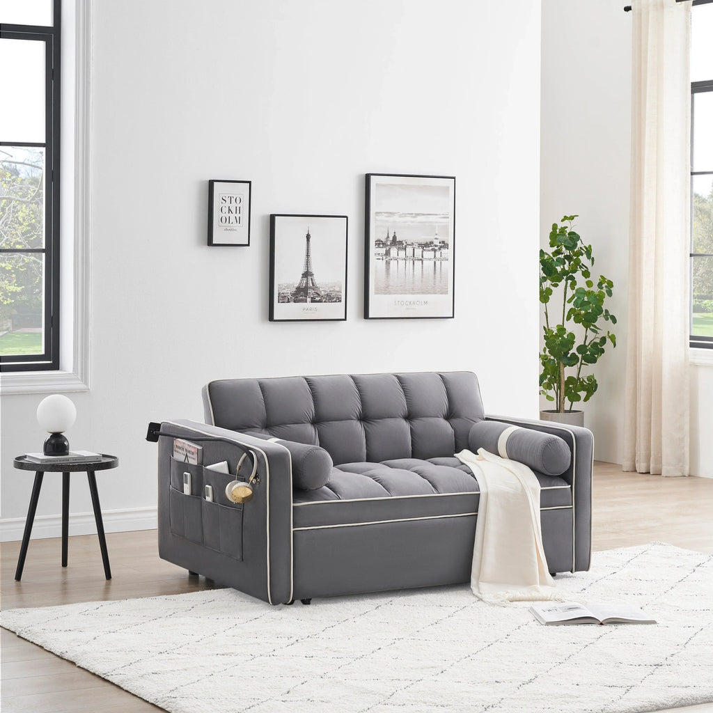 Samt-Schlafsofa zum Umbauen, 140 cm, 2-Sitzer, mit Ausziehbett, verstellbarer Rückenlehne, Seitentaschen und Handyhalterung