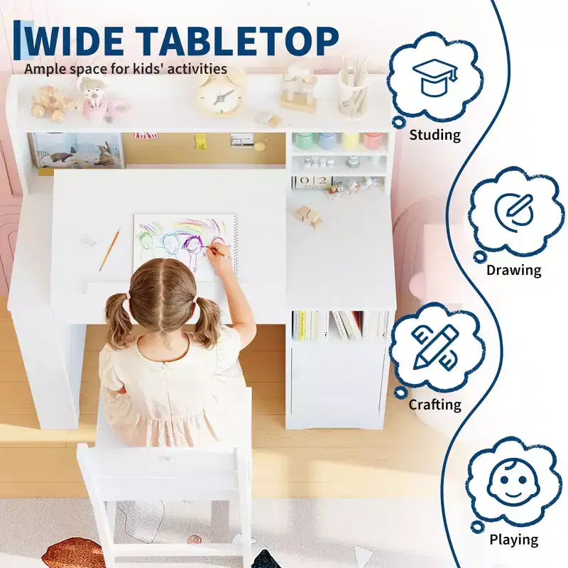 Kinder Schreibtisch & Stuhl Set mit Stauraum, Kinder Schreibtisch mit Aufsatz und neigbarer Platte, für 3-8 Jahre, Schreibtisch für Studenten im Schlafzimmer