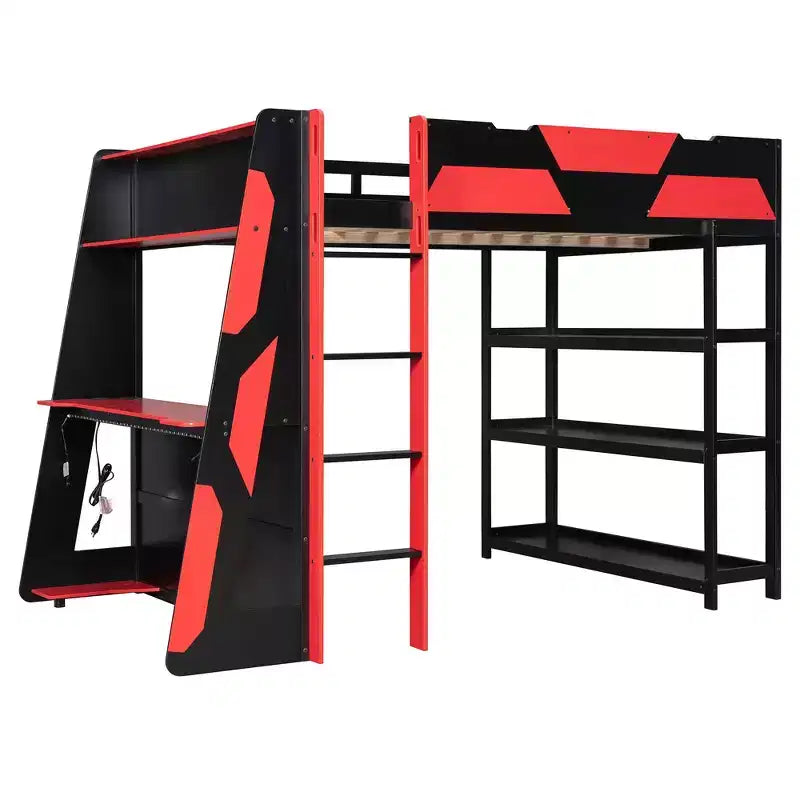 Luxystar Gaming-Hochbett mit Schreibtisch, Ablageregalen und Beleuchtung