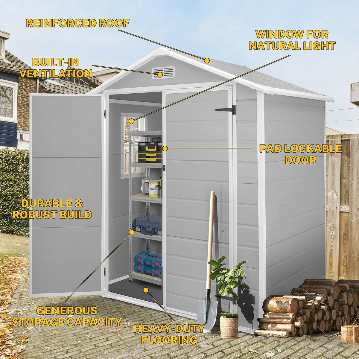 2 x 1,2 m/2 x 2,4 m/2,4 x 1,8 m/2,4 x 3 m Allwetter-Gartenhaus aus Harz mit Bodenplatte, Spire-Geräteschuppen